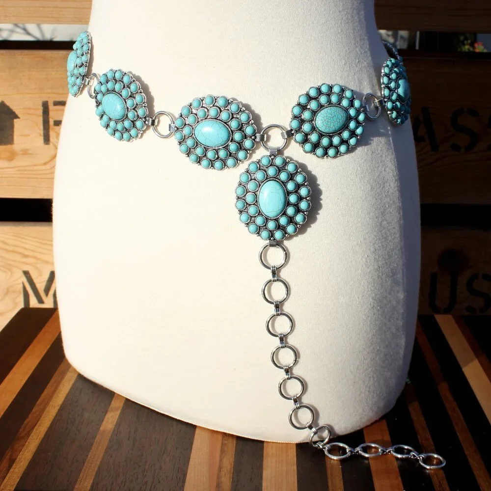 Western Turquoise Flower Concho Floral Oval Burst Medallion Belt L/XL by Tipi - Picture 1 of 8